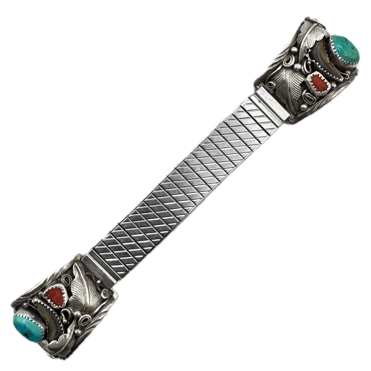 Vintage 17.5mm EJ Men's Wristwatch Band Sterling Silver Turquoise & Coral