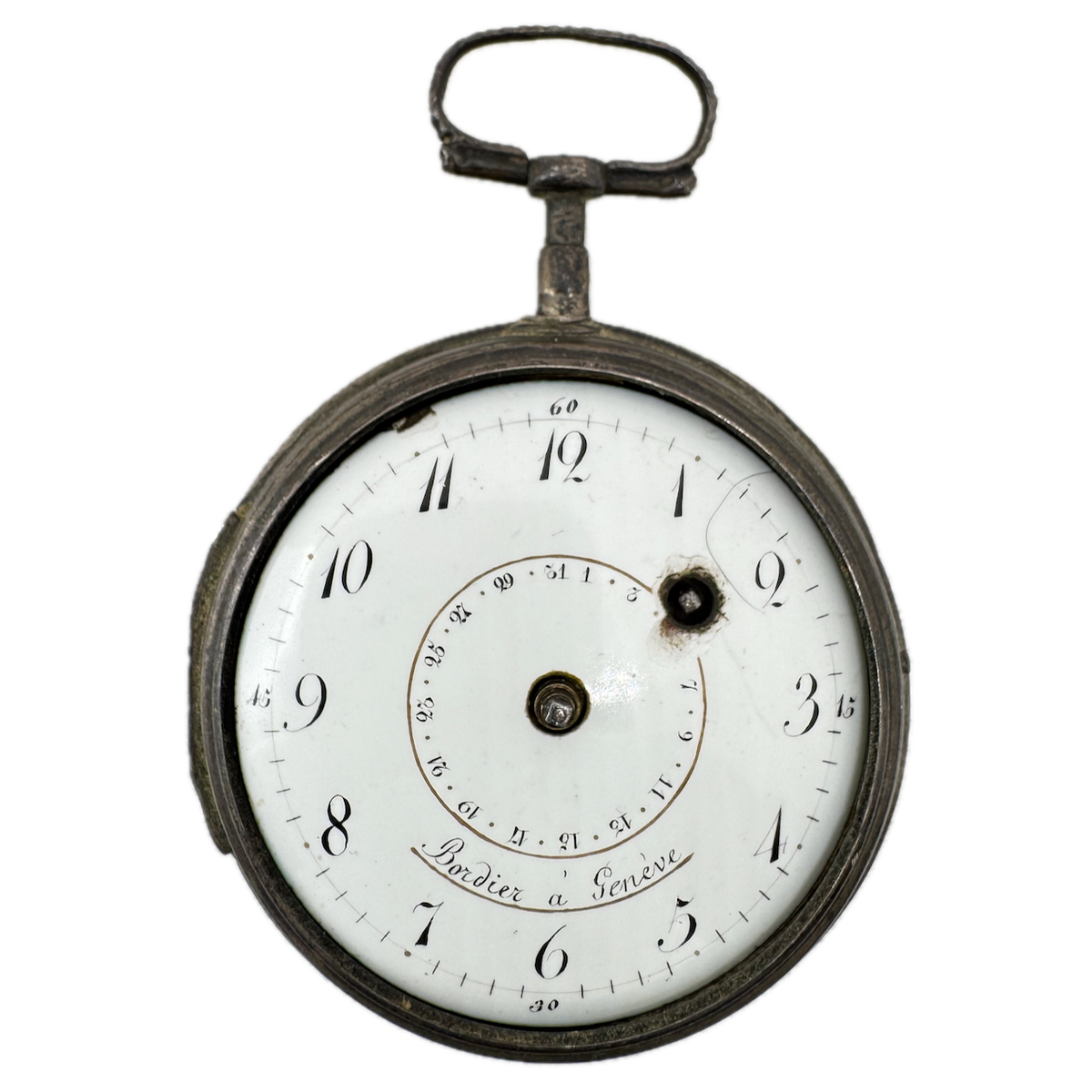 Antique 54mm Bordier a Geneve Date Pointer Key Wind Verge Fusee Pocket Watch