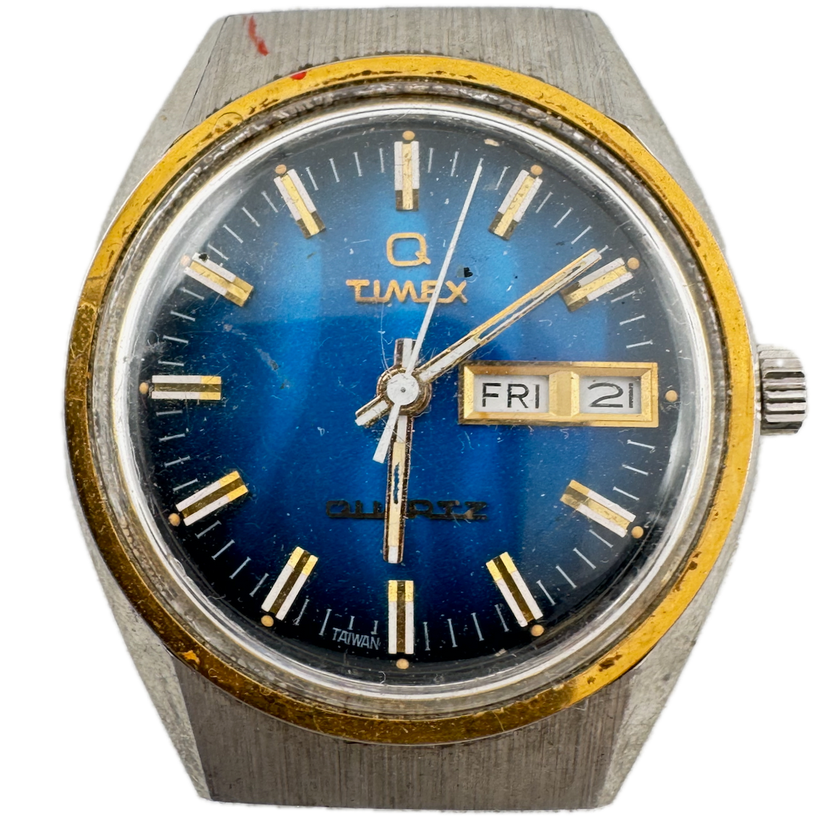 Vintage Timex Wavy Blue Day Date Two Tone Men's Quartz Wristwatch Taiwan Steel