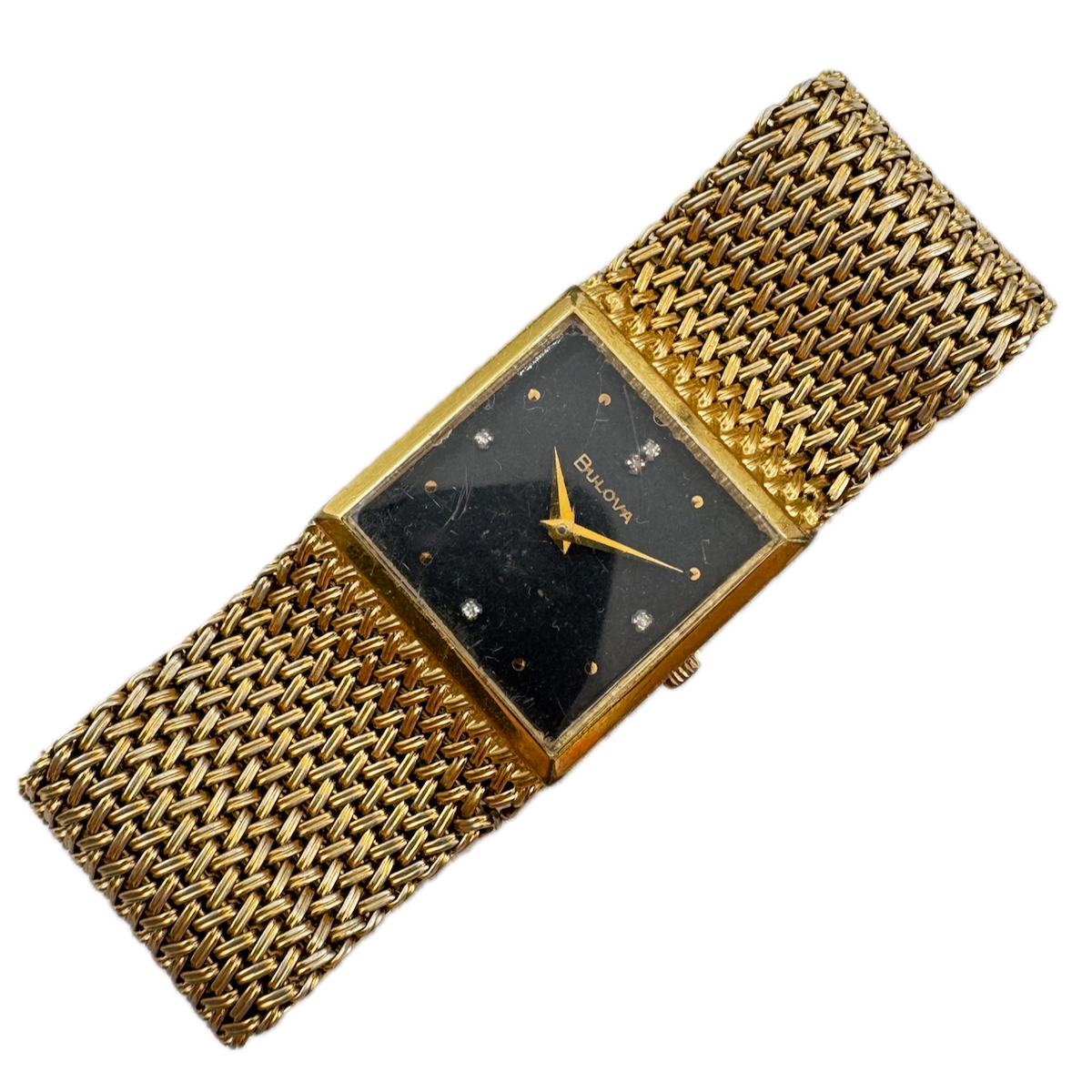 Vintage 1978 Bulova Black & Diamond Ladies Quartz Wristwatch Swiss Gold Tone