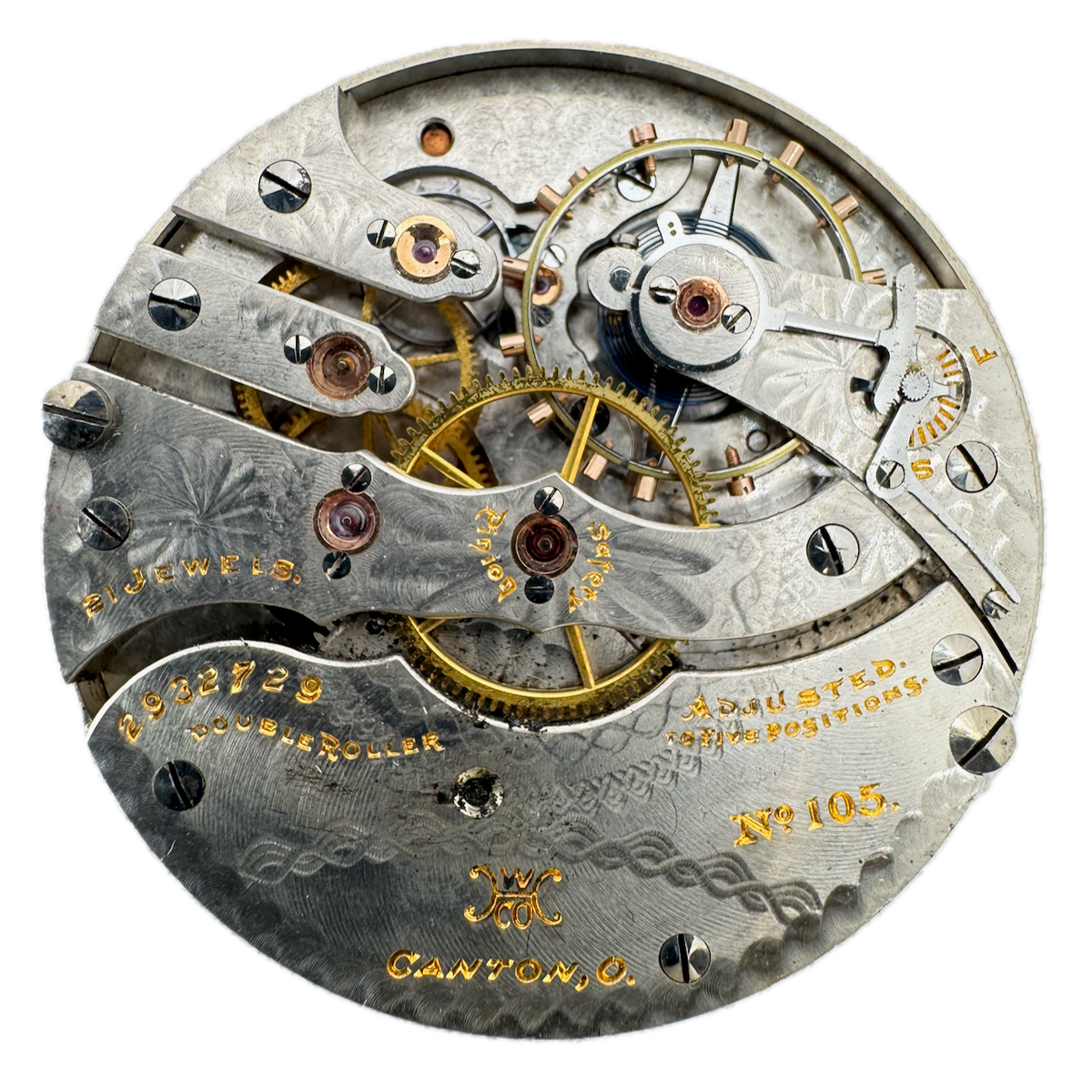 Antique 16s 1912 Hampden 21j Mechanical Railroad Pocket Watch Movement No. 105