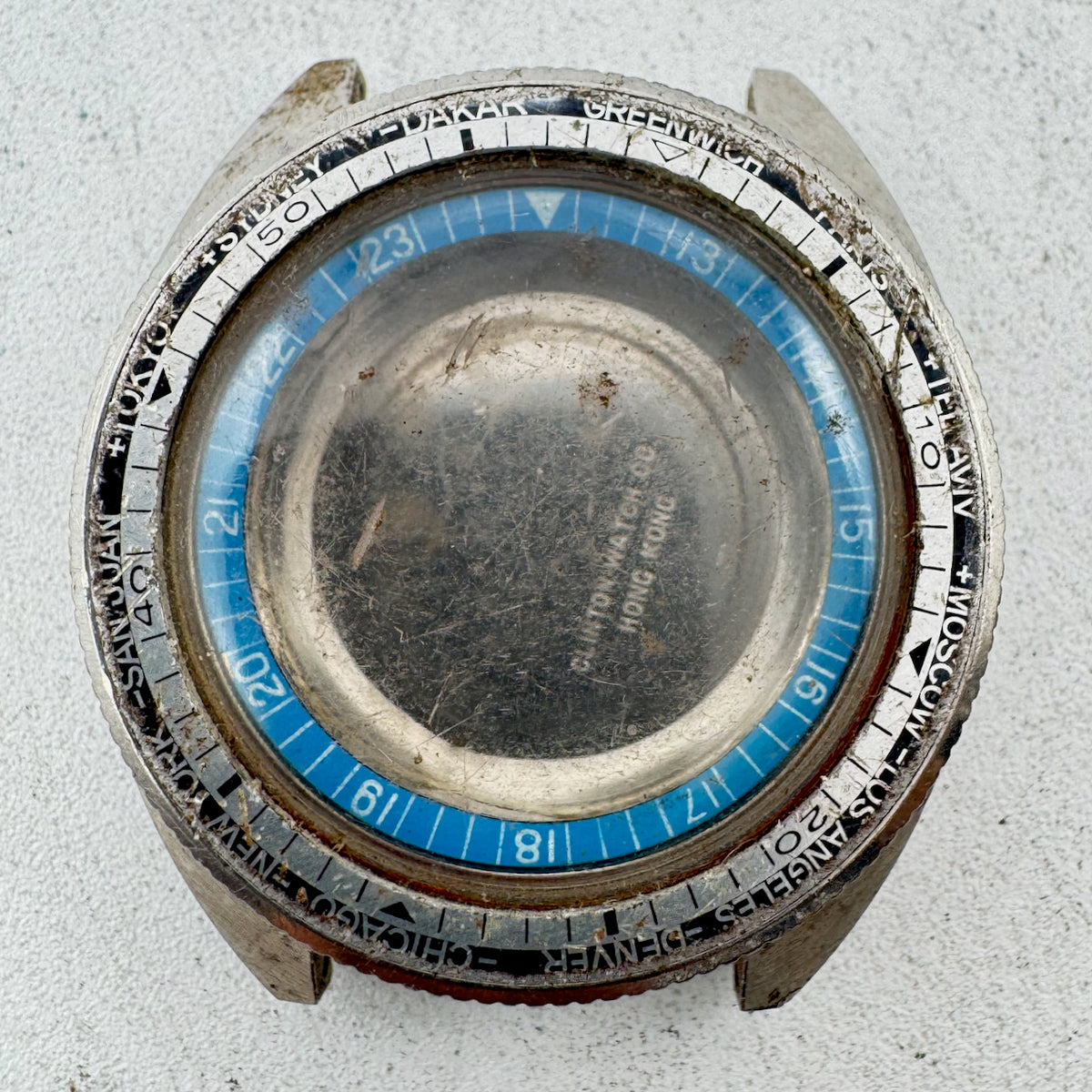 Vintage Clinton World Time Men's Wristwatch Case 40mm Steel Hong Kong