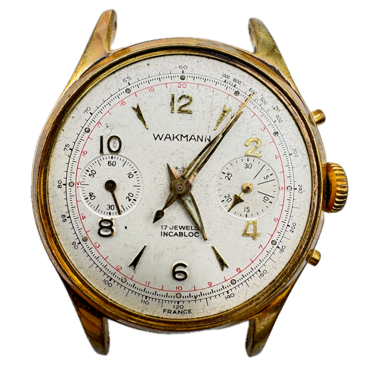 Vintage 36mm Wakmann Men's Chronograph Wristwatch Venus 188 France Gold Tone