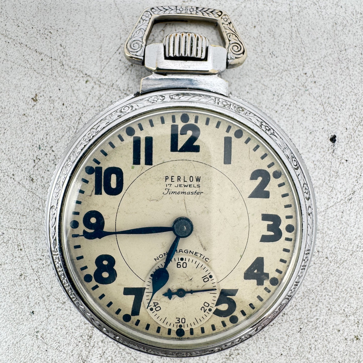 Antique 51mm Perlow Timemaster 17 Jewel Mechanical Open Face Pocket Watch 429
