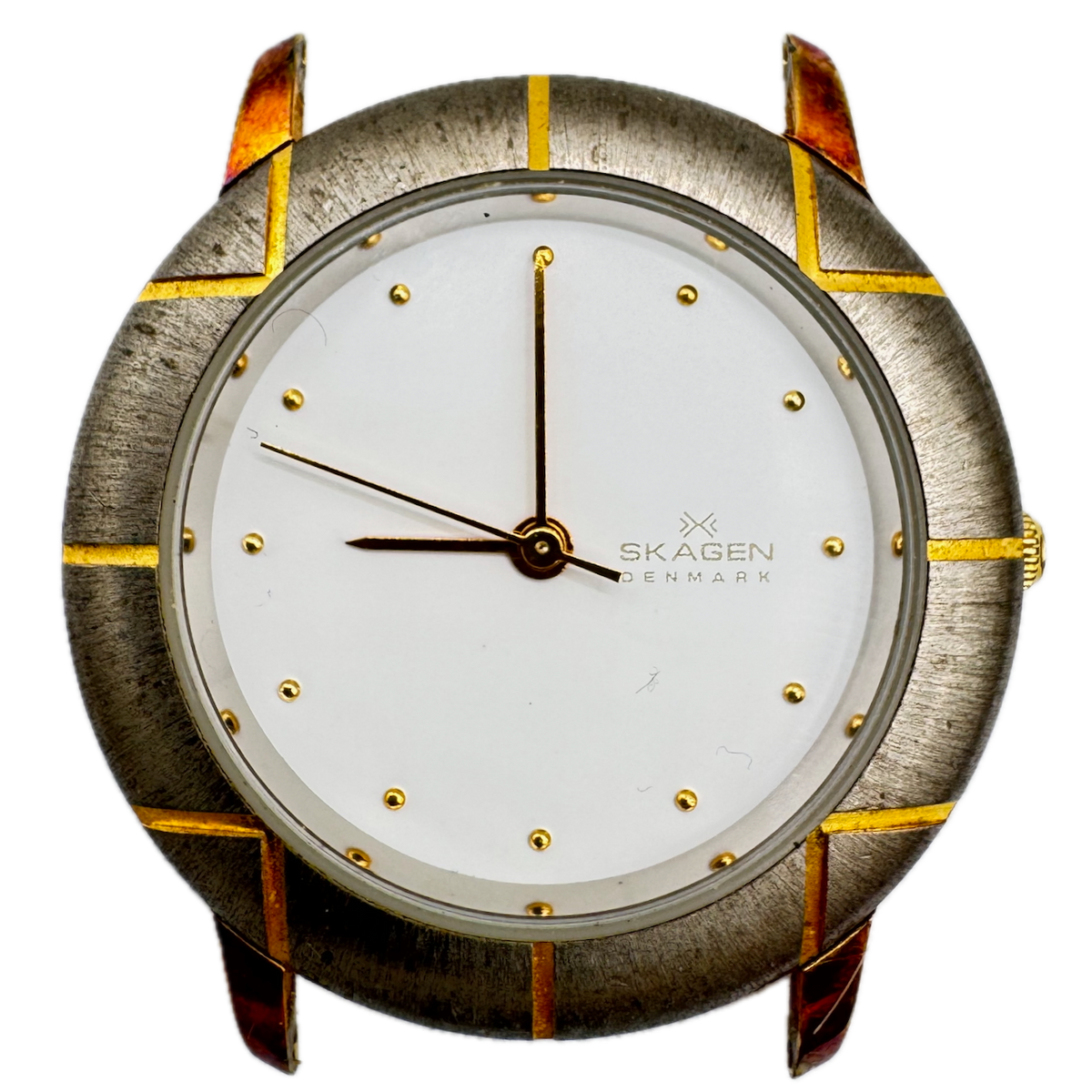 Vintage Skagen 3LGS Denmark Two Tone White Men's Quartz Wristwatch Gold Plated