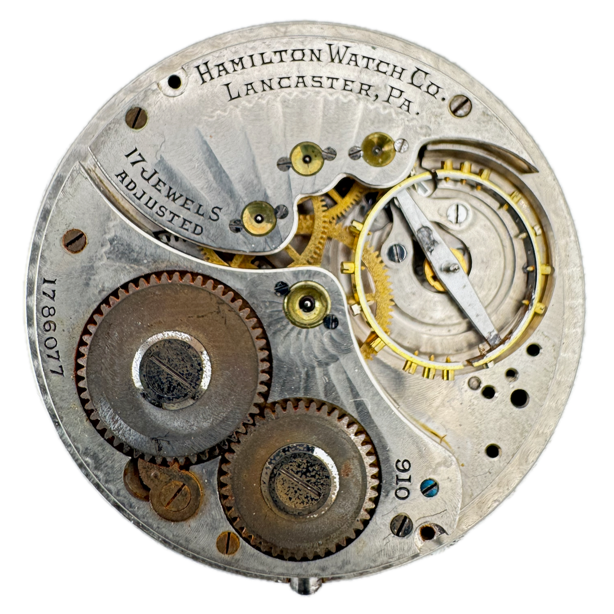 Antique 12s 1914 Hamilton 17J Mechanical Pocket Watch Movement 910 USA fParts