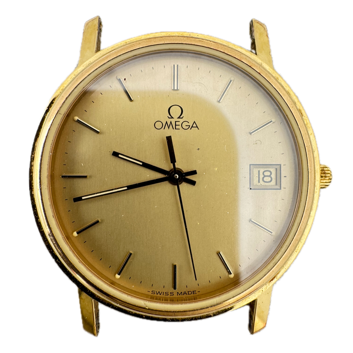 Vintage 32.5mm Omega Gold Dial Men's Quartz Wristwatch Swiss Made Gold Tone