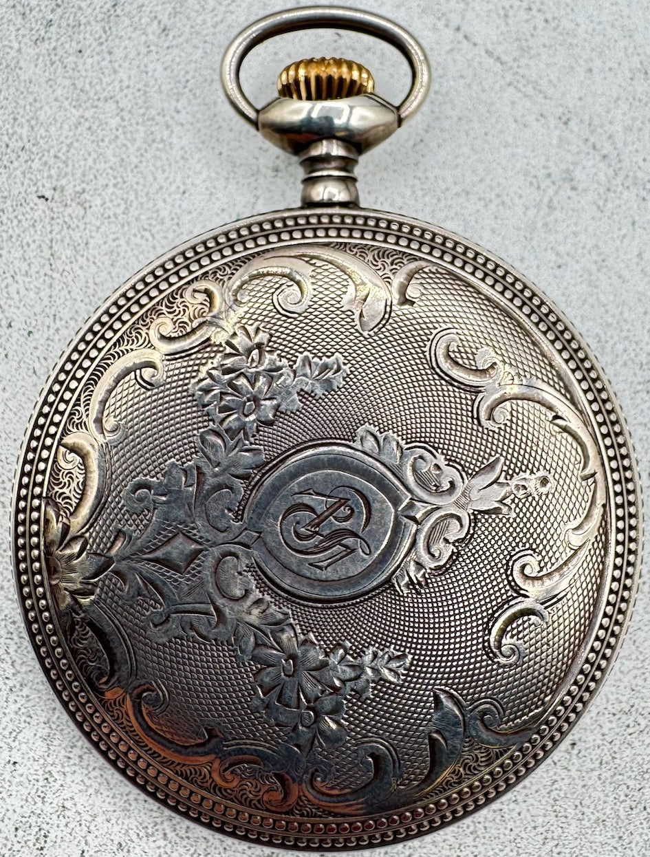 Antique 6s Illinois Beaded Floral Open Face Pocket Watch Case Sterling Silver