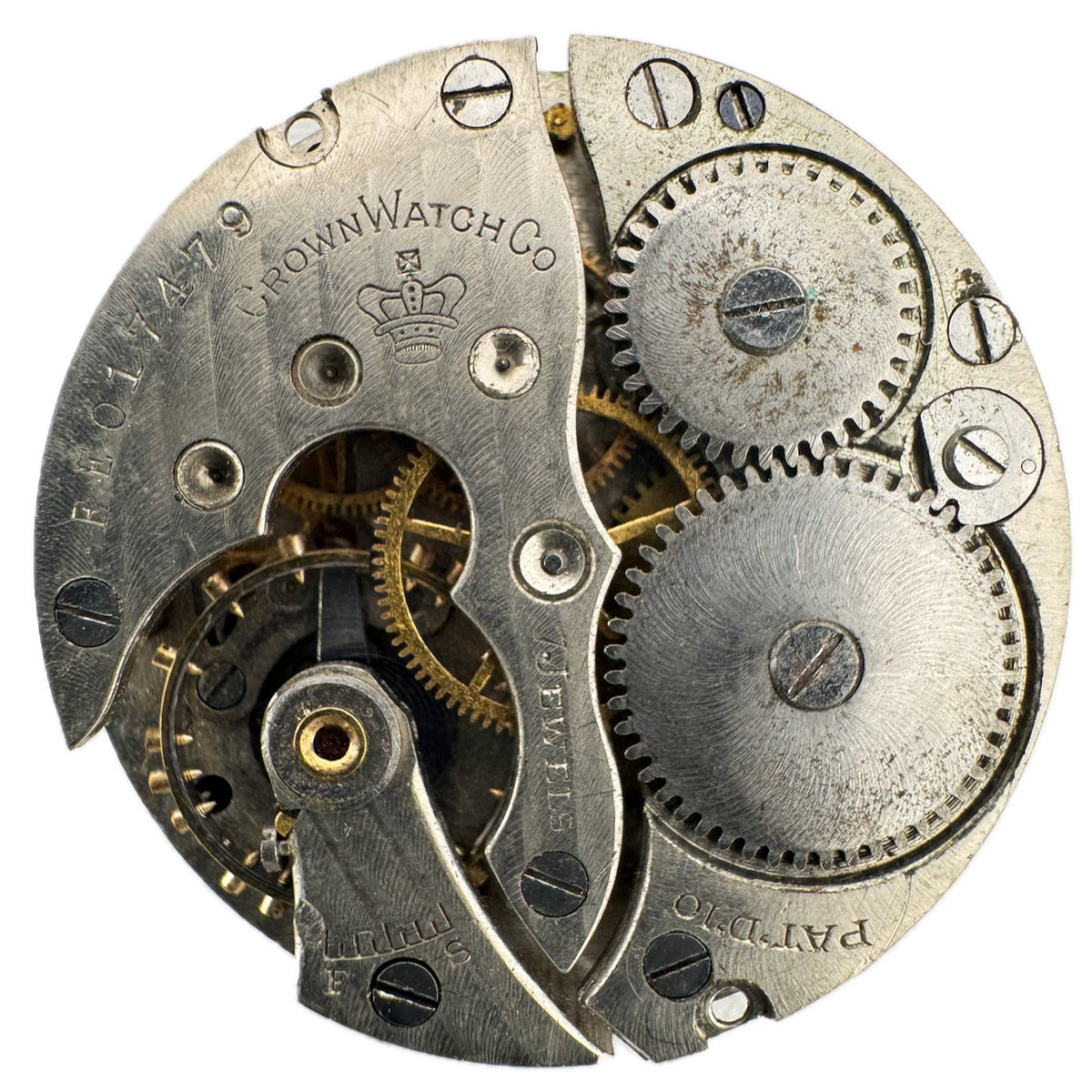 Antique 3/0s 1912 Crown EE 7J Mechanical Hunter Pocket Watch Movement Crown 730