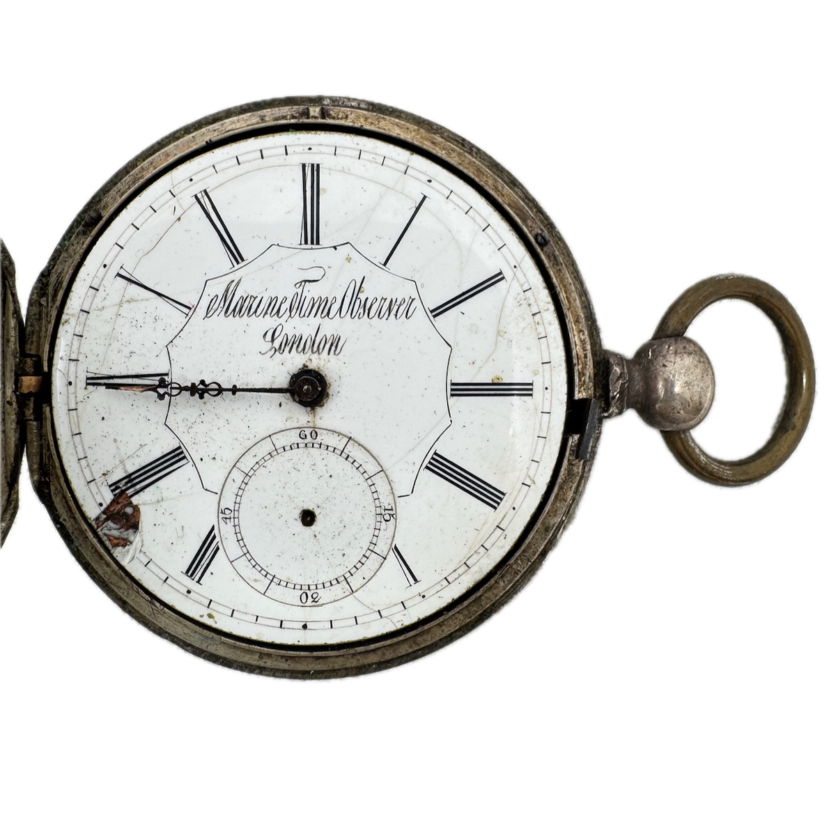 Antique 52mm Marine Time Observer Cylinder Escape Key Wind Pocket Watch Silver