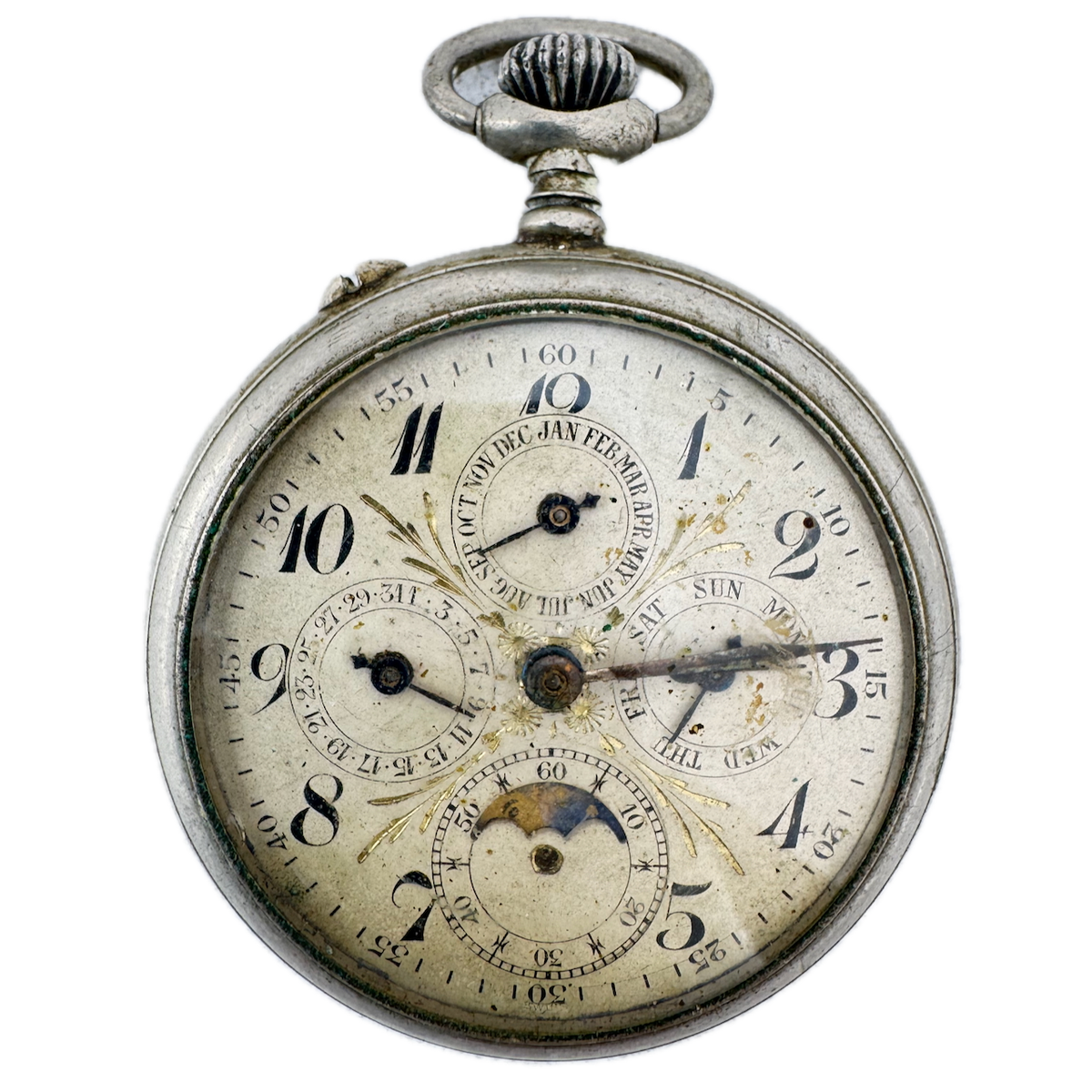 Antique Hasler Triple Date Moonphase Mechanical Pocket Watch Nickel Swiss