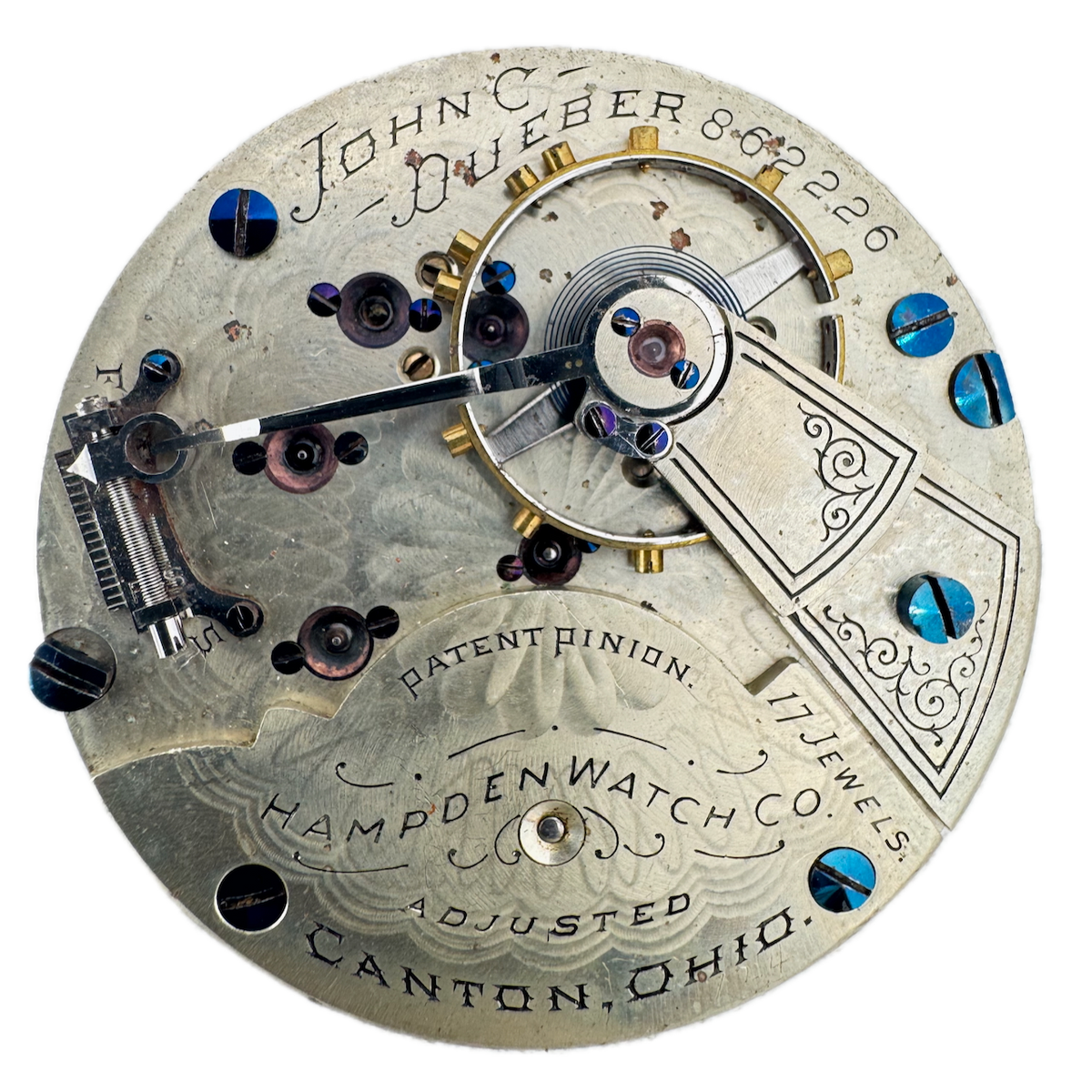 Antique 18s 1894 Hampden 17j Railroad Pocket Watch Movement John C. Dueber USA