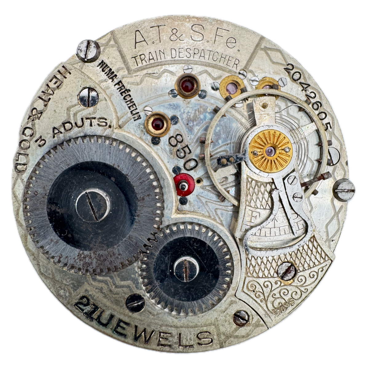 Antique 18s AT&SF Swiss Fake 21j Mechanical Pocket Watch Movement 850 Swiss
