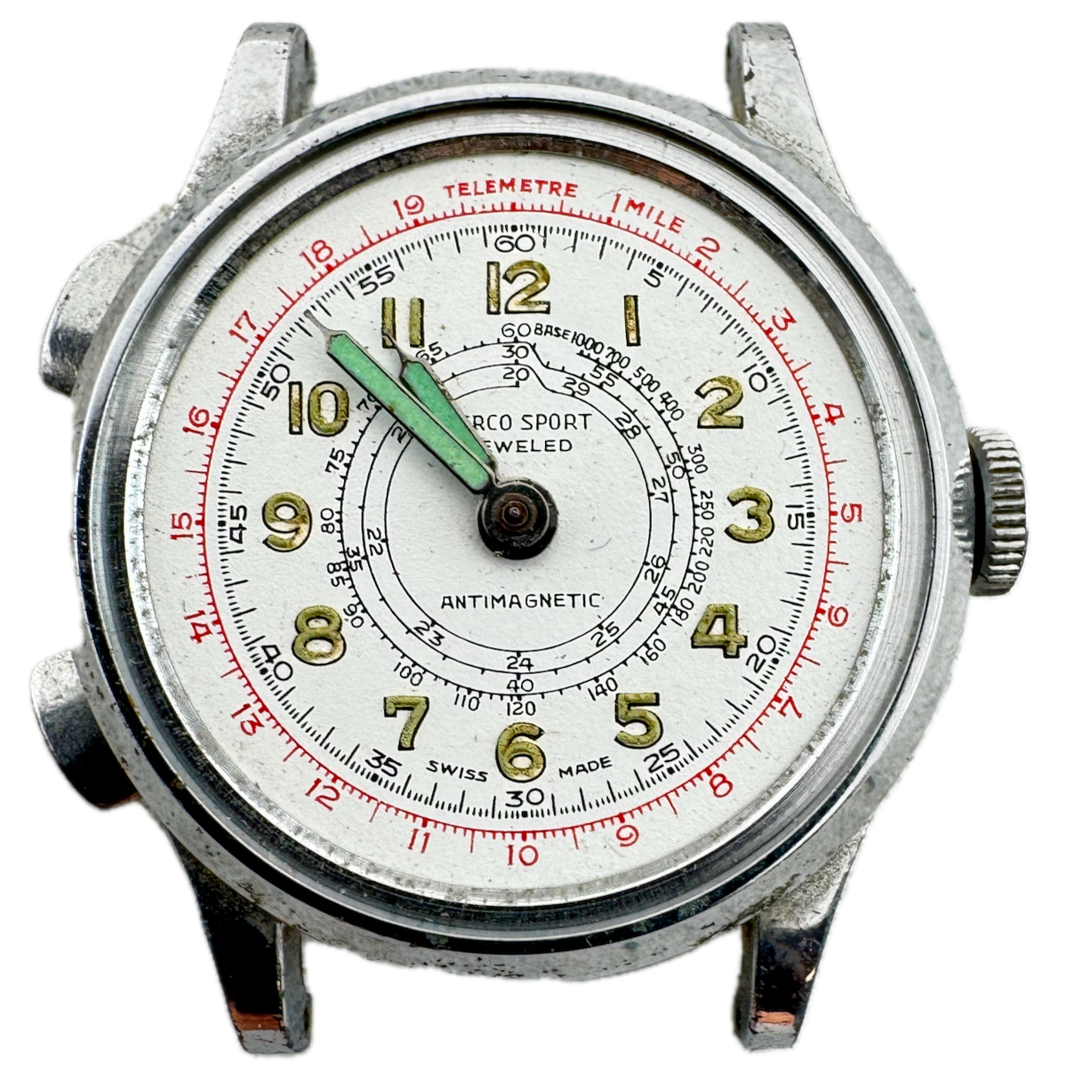 Vintage Berco Sport Telemetre Men's Chronograph Wristwatch Swiss Chrome Plated