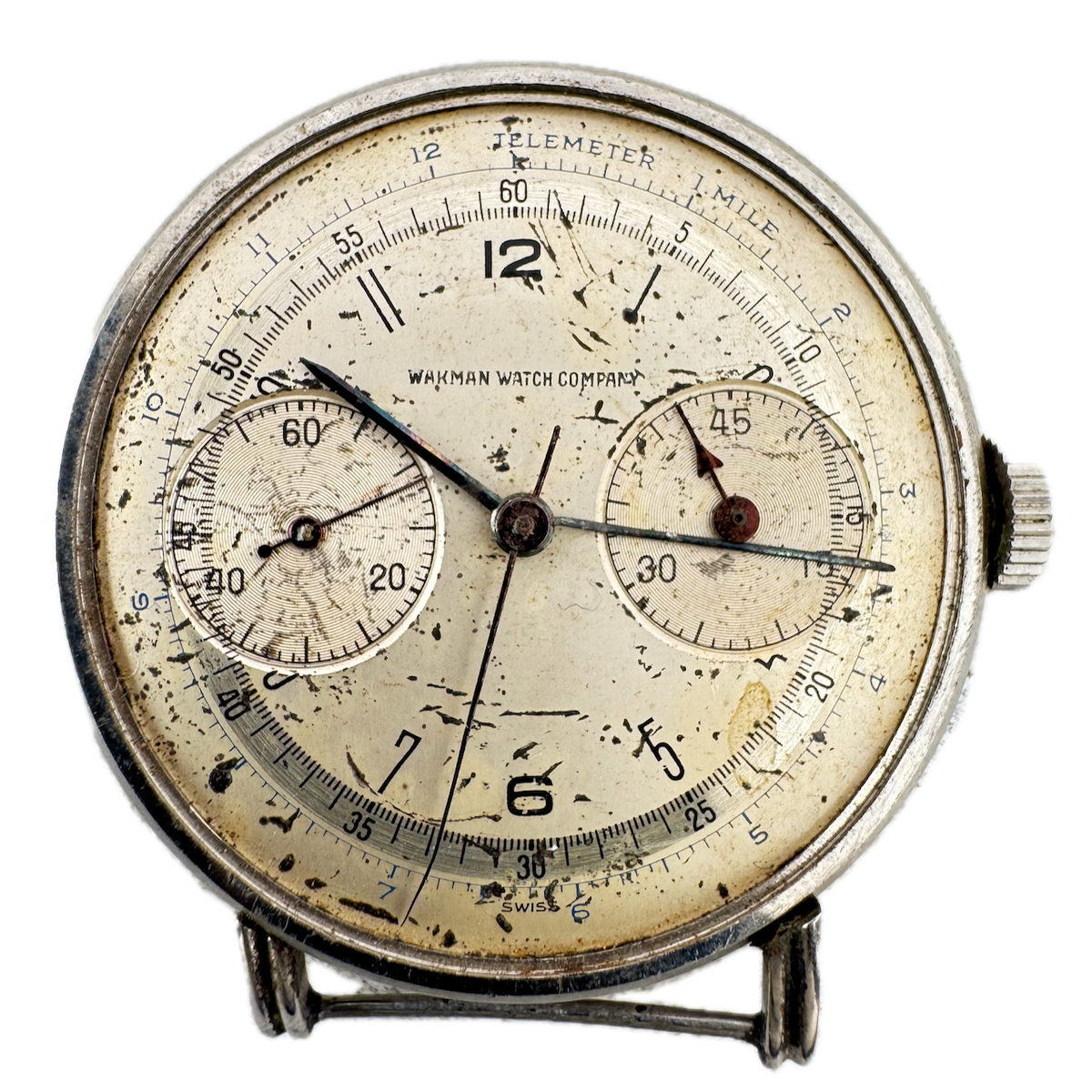 Vintage 35mm Wakmann Big Eye Men's Chronograph Wristwatch Valjoux Missing Lugs