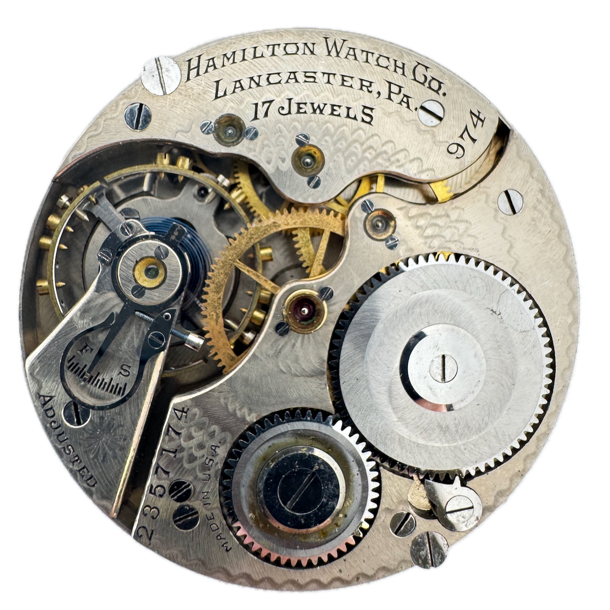 Antique 16s 1926 Hamilton Award Dial 17j Mechanical Pocket Watch Movement 974