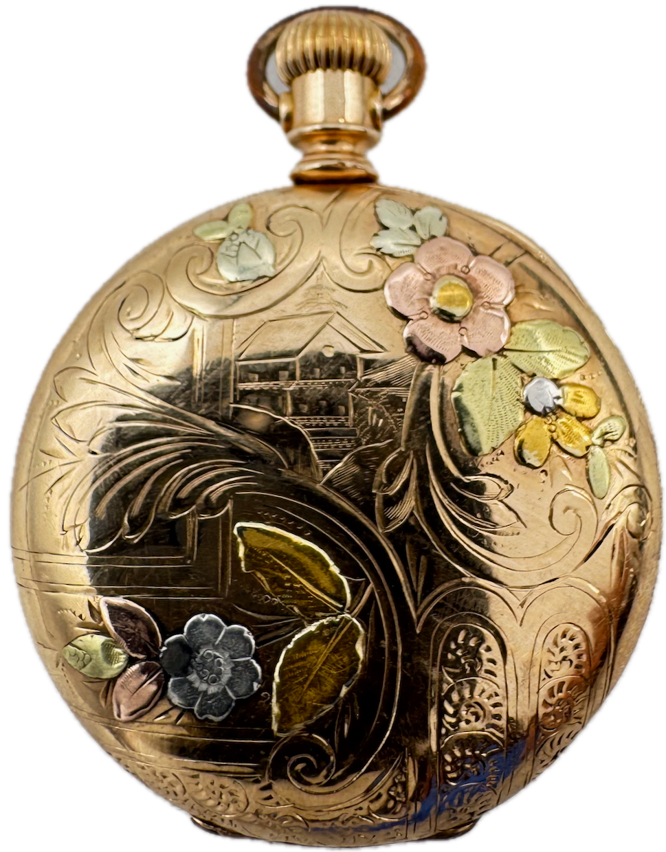 Antique 0s Fahys Floral Multicolor Hunter Pocket Watch Case 14k GF USA