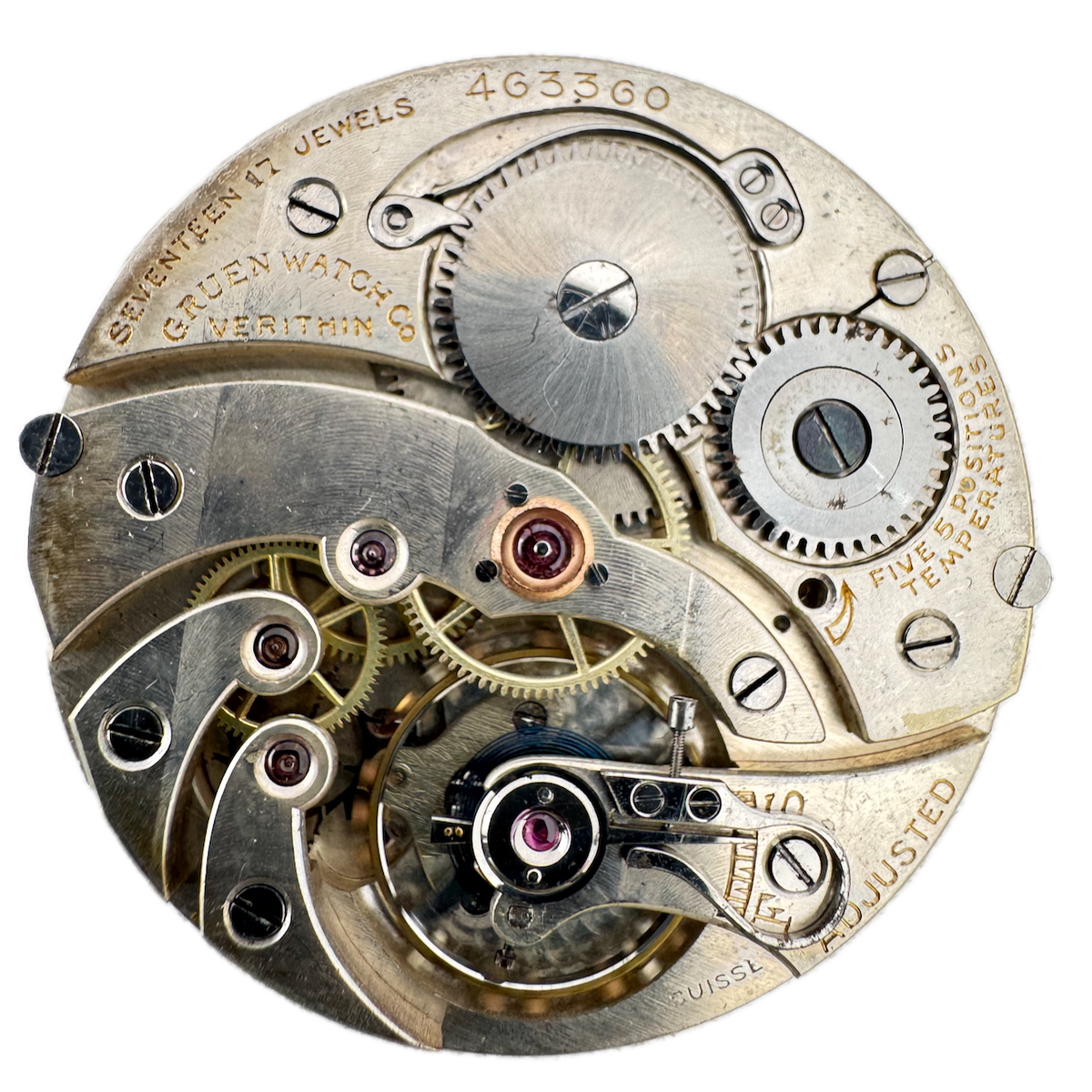 Antique 38mm 1917 Gruen Tricolor Gold Gilt Dial 17 Jewel Pocket Watch Movement