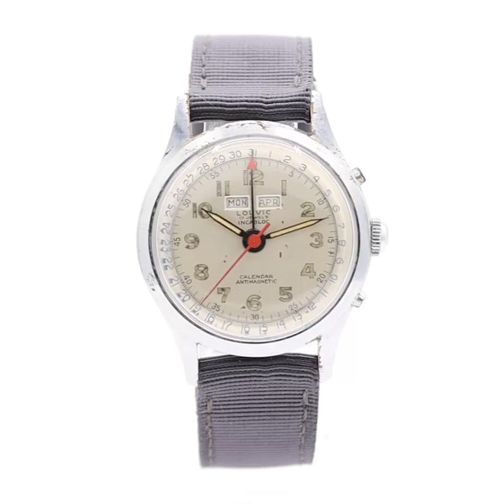 Vintage 33mm Louvic Triple Calendar 17J Men's Mechanical Wristwatch Swiss Steel