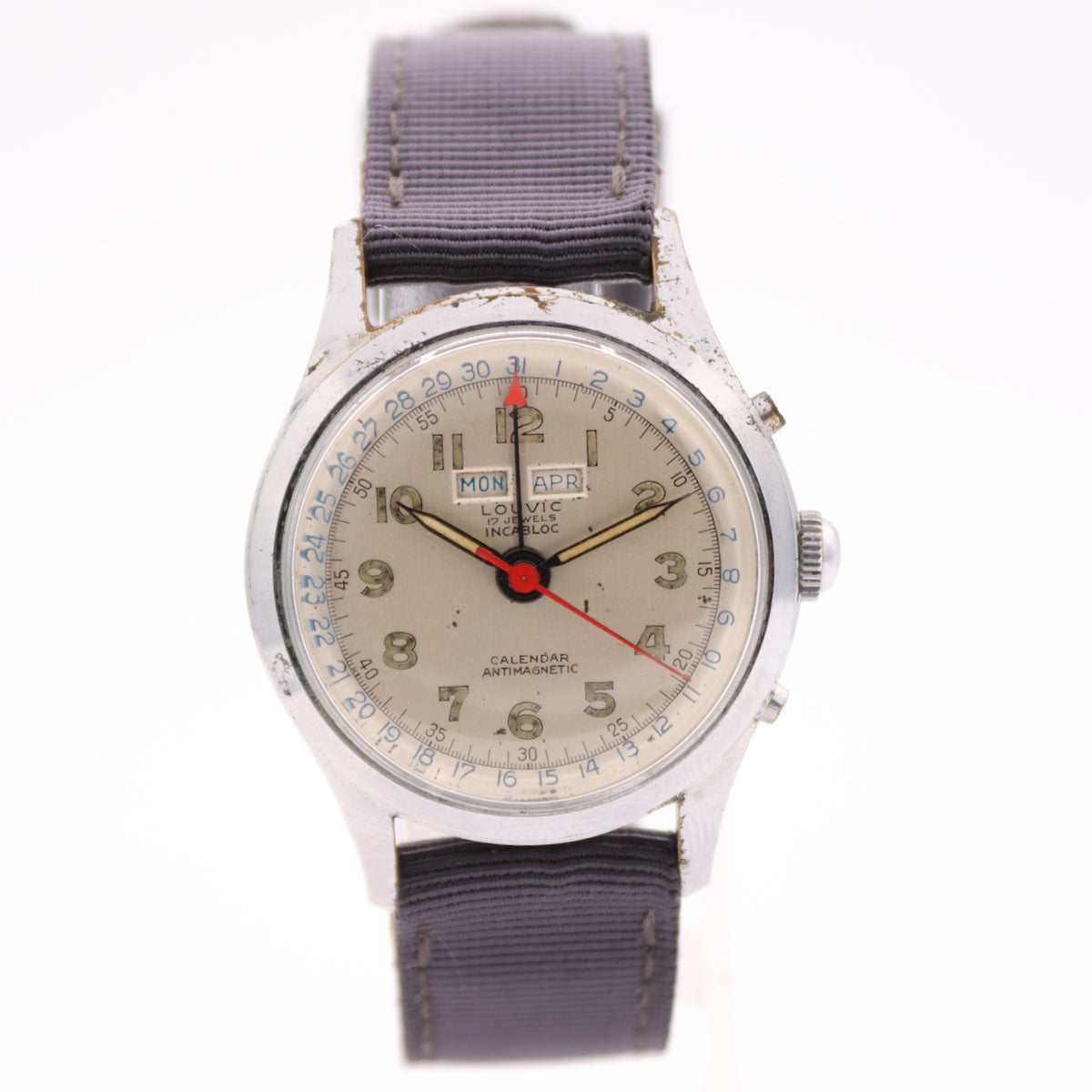 Vintage 33mm Louvic Triple Calendar 17J Men's Mechanical Wristwatch Swiss Steel