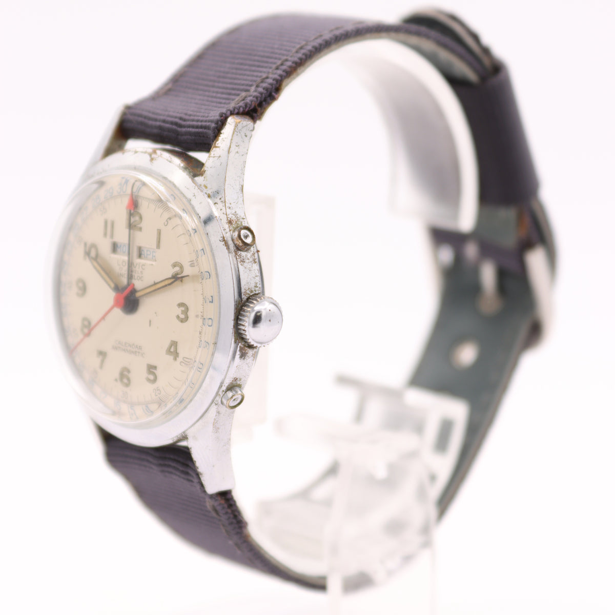 Vintage 33mm Louvic Triple Calendar 17J Men's Mechanical Wristwatch Swiss Steel – photo 2